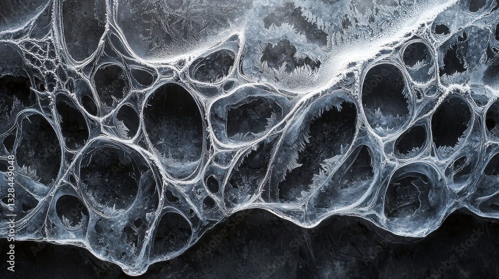 Poster intricate ice patterns forming beautiful lattice-like structures in frozen water surface