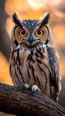Fototapeta premium Majestic Owl Perched on Tree Branch in Sunlight