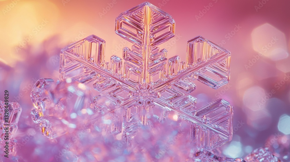 Poster intricate crystal snowflake on soft background with colorful bokeh effect and sparkling highlights