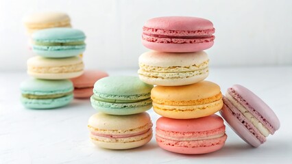 Obraz premium Colorful Macarons in Pastel Shades, Neatly Stacked, Isolated on a White Background, Elegant Dessert Photography Perfect for bakery branding and luxury dessert marketing.
