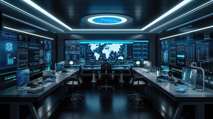 Futuristic control room with global network displays
