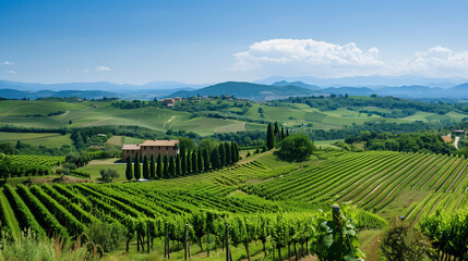 Italian country. View of italian hills with vineyards and different vegetation 