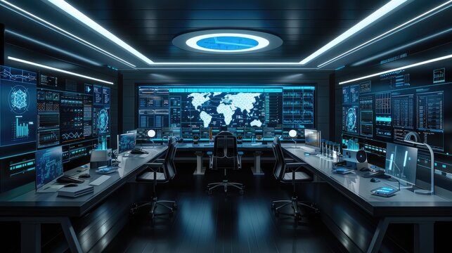 Futuristic control room with global network displays