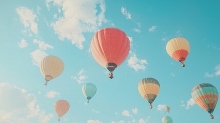 Obraz premium Colorful Hot Air Balloons Floating in a Clear Blue Sky with Soft Clouds for Joyful Adventure and Scenic Views