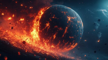 Fototapeta premium A fiery planet is surrounded by cosmic dust and starlight