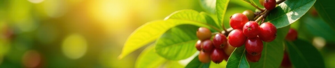 Sun-drenched coffee cherries ripening on vibrant green bushes , sunlight, background