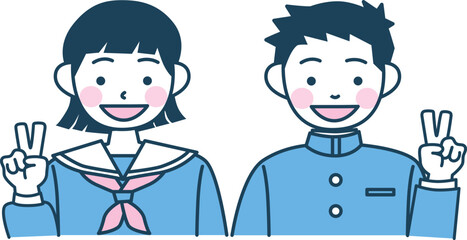 Naklejka premium 笑顔でピースする学生たちのベクターイラスト