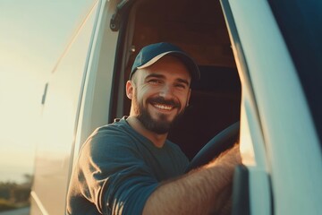 Happy Delivery Driver Smiling in Van Sunlight Outdoors Man Cap Male Road Truck Cargo Beard Travel   
