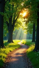 Fototapeta premium Sunlit winding path, vibrant trees, nature park , scenery, flowers