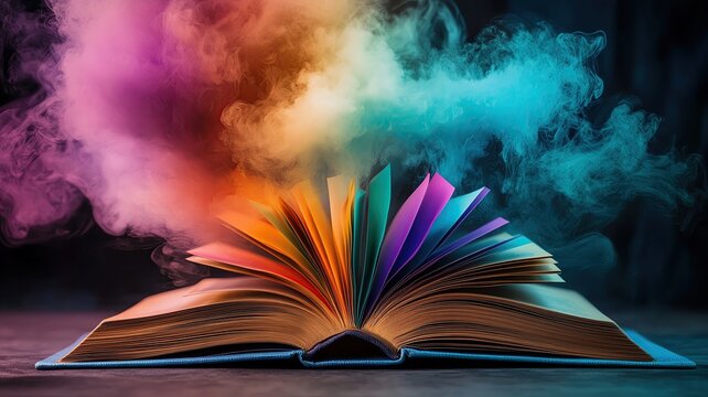 Colorful book with swirling smoke effects.