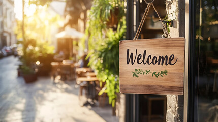 Welcome sign outside a cafe with warm sunlight
