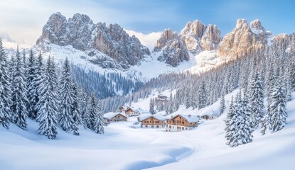 Fototapeta premium Serene Winter Landscape with Snow-Covered Mountains and Cozy Chalets in an Idyllic Alpine Setting Under a Clear Blue Sky