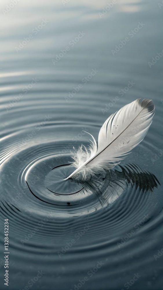 Aufkleber minimalist shot of a single feather gently resting on calm water surface generative ai