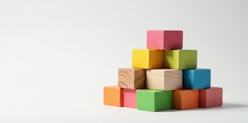Fototapeta premium Vibrant pyramid of colorful wooden blocks on white , fun, game