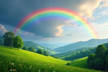 Vibrant rainbow arching over lush green valley, light, sunlight