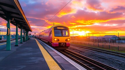 Train Arriving at Station During a Vibrant Sunset