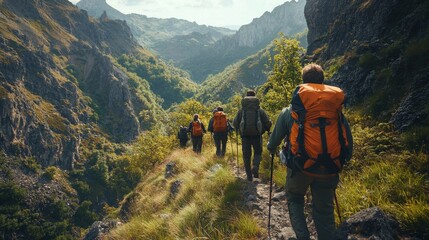 Fototapeta premium Group of hikers trekking through stunning mountain landscape on a sunny day with vibrant greenery and rocky terrain