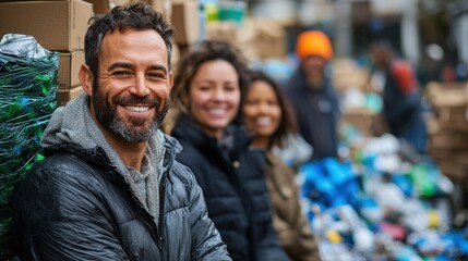 Fototapeta premium Smiling group of diverse individuals engaging in recycling initiative at a community waste management event outdoors