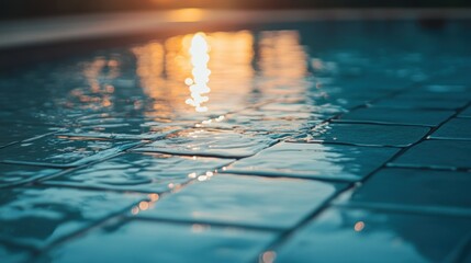 Evening sunshine illuminates water reflecting onto a tiled surface