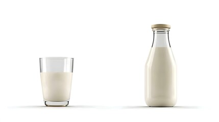A glass of milk and a milk bottle isolated