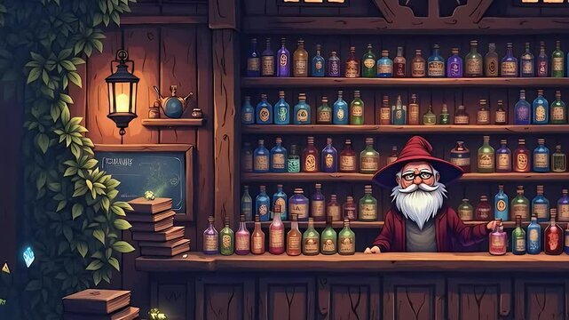 A cozy pixelated 8-bit potion shop interior with wooden shelves lined with colorful potions, glowing bottles, and a mysterious shopkeeper behind the counter, perfect for a retro RPG game.
