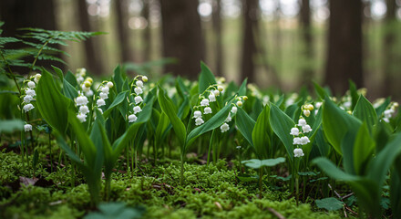Fototapeta premium Picking lilies of the valley in the spring forest 