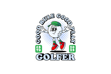 golf ball retro cartoon character mascot illustration with wearing cap, flying pose and showing a funny face for golf sport club mascots and merchandise