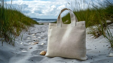 Beige tote bag on sandy beach.