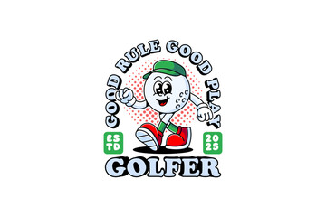 golf ball retro cartoon character mascot illustration with wearing cap, walking pose and showing happy face for golf sport club mascots and merchandise