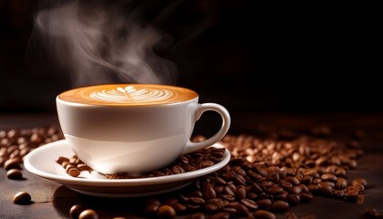 close up of steaming cappuccino with coffee beans on dark background for beverage promotion