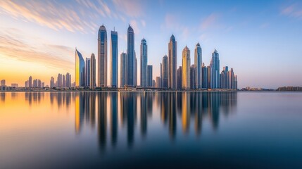 Obraz premium Tall skyscrapers reflecting in calm water under colorful sunset skies