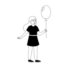 Young girl holding a balloon in a playful stance during a sunny outdoor celebration