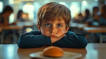 The sad boy in the school cafeteria doesn't want to eat  