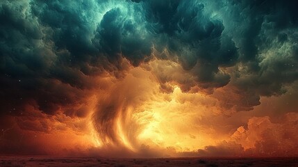 Obraz premium Dramatic Sky with Vibrant Orange and Blue Cloud Patterns During Sunset in a Desert Landscape