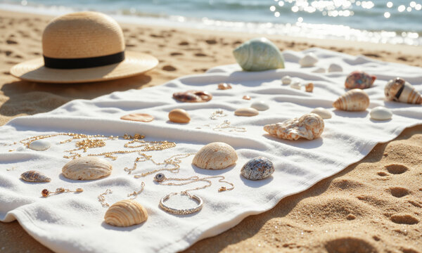 Seashell Jewelry Display A collection of beautiful seashell necklaces, earrings, and bracelets laid out on a white beach towel, with soft golden sands