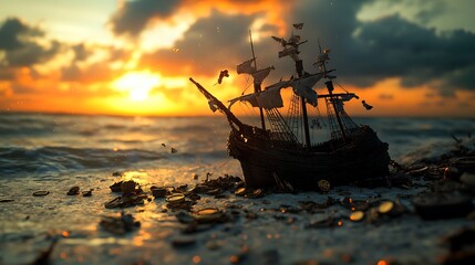 Obraz premium Shipwreck on Sandy Beach at Sunset with Scattered Gold Coins