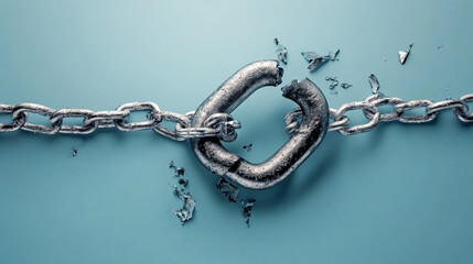 A broken metal chain link on a blue background, symbolizing weakness, vulnerability, and disconnection.