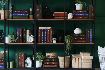 Basket with pillow and shelving unit with books near green wall in room