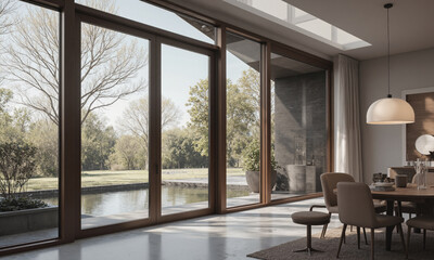 Fototapeta premium Mocha Musse smart glass windows that automatically adjust their opacity based on the intensity of sunlight. The windows, framed in