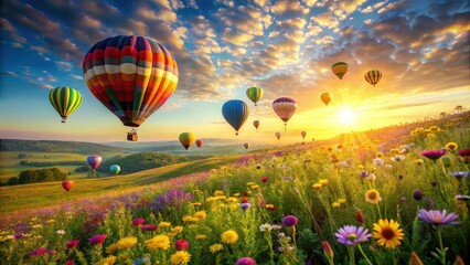 Obraz premium Serene Sunrise Hot Air Balloon Flight Over Vibrant Wildflower Meadow