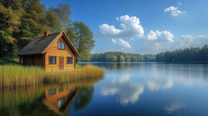 Fototapeta premium Nestled on the lakeshore, this inviting cottage offers a serene escape amidst beautiful nature, perfect for relaxation on a sunny day with gentle breezes.