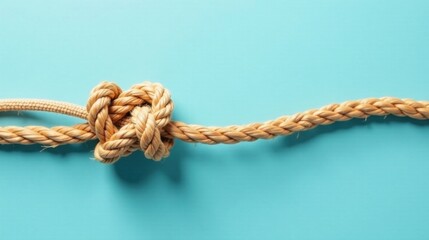 Obraz premium A tightly bound rope knot, a symbol of connection and resilience, elegantly displayed against a serene light blue background.