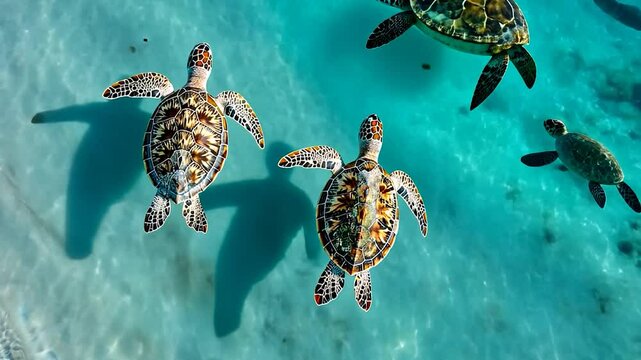 Aerial View of Sea Turtles Gracefully Swimming in Crystal Clear Turquoise Waters