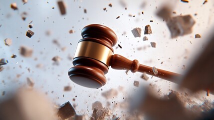 Wooden gavel shattering debris, symbolizing justice and power