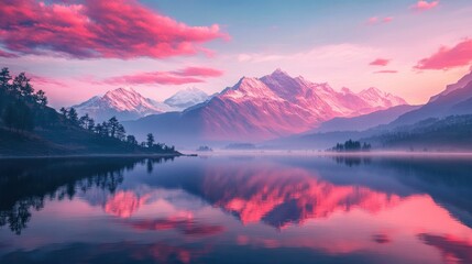 Obraz premium Serene Sunrise Over Majestic Mountain Reflected in Lake