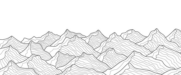 hand drawn black and white mountain line art.flat design mountain and hill contours on a landscape texture background