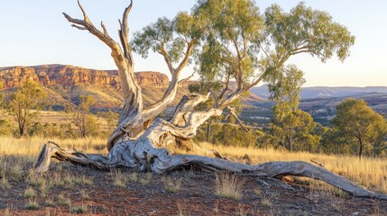 A large old tree lies in a field with mountain views