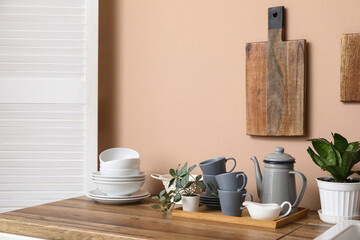 Clean dishes with plants on counter near beige wall in kitchen