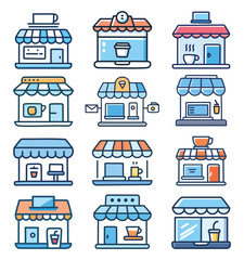 Collection of Cute Cartoon Shop Facades for Coffee Shops and Small Businesses
