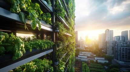 Urban Vertical Garden with Fresh Green Plants in Sunset Over City Skyline